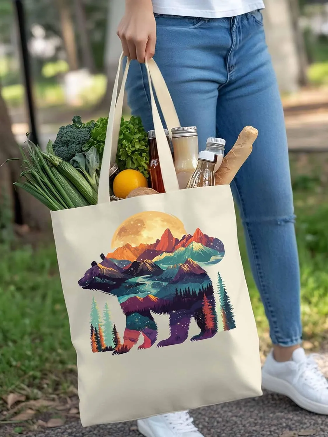 Canvas Tote Bag, Mountain Bear Nature Forest Landscape Aesthetic Canvas Tote Handbags for Women Shoulder Bag,