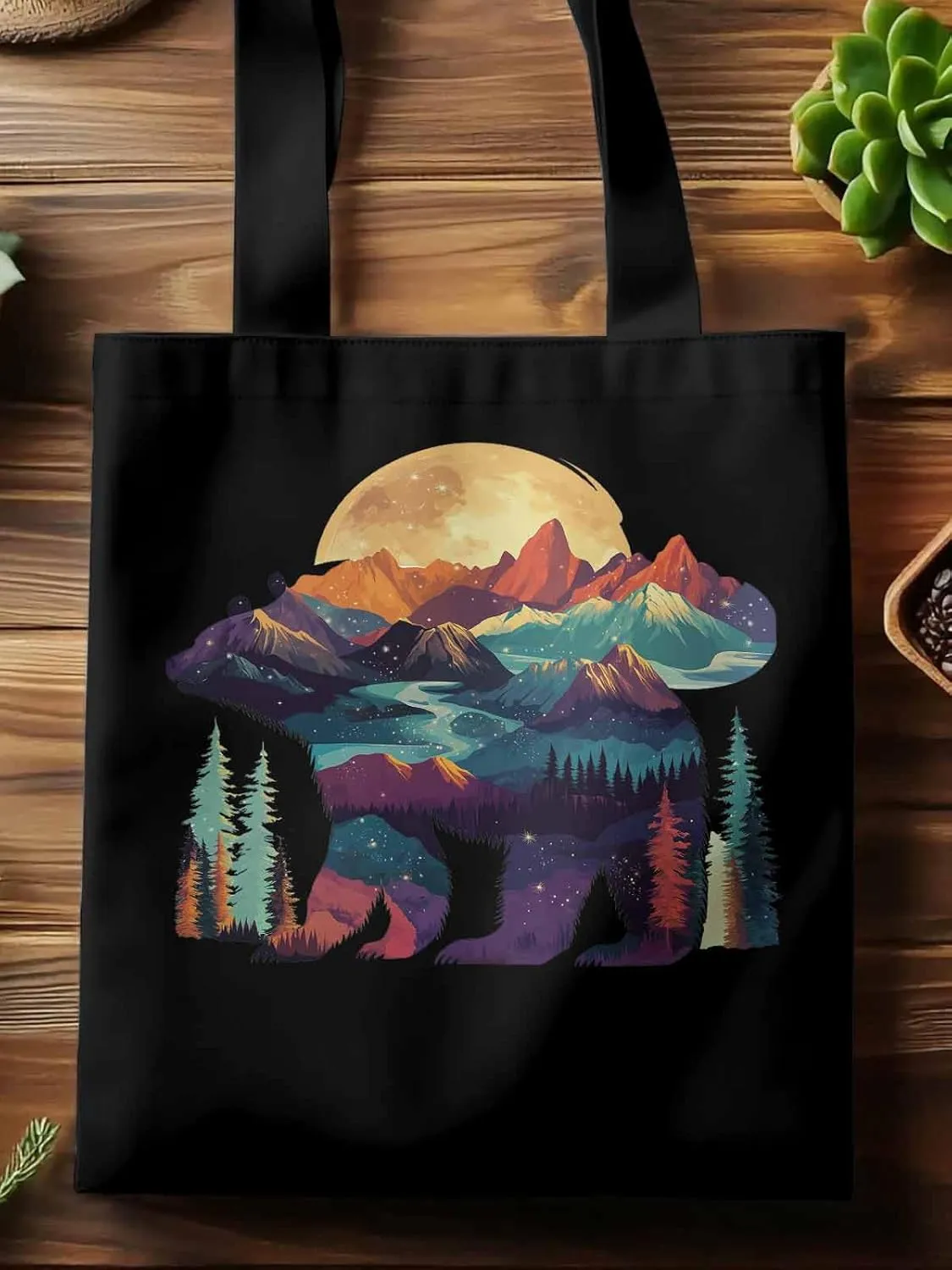 Canvas Tote Bag, Mountain Bear Nature Forest Landscape Aesthetic Canvas Tote Handbags for Women Shoulder Bag,