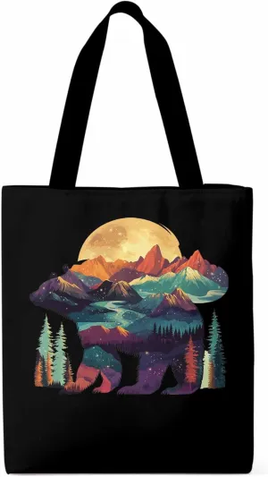 Canvas Tote Bag, Mountain Bear Nature Forest Landscape Aesthetic Canvas Tote Handbags for Women Shoulder Bag,