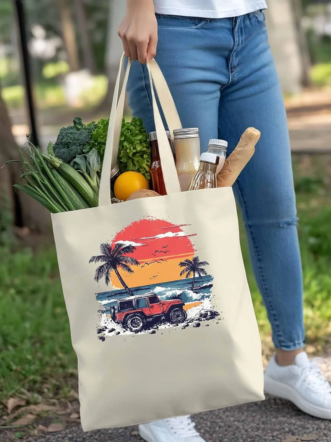 Canvas Tote Bag, Ocean Beach Red Car Palm Tree Birds patterned Canvas Tote Handbags for Women Shoulder Bag,