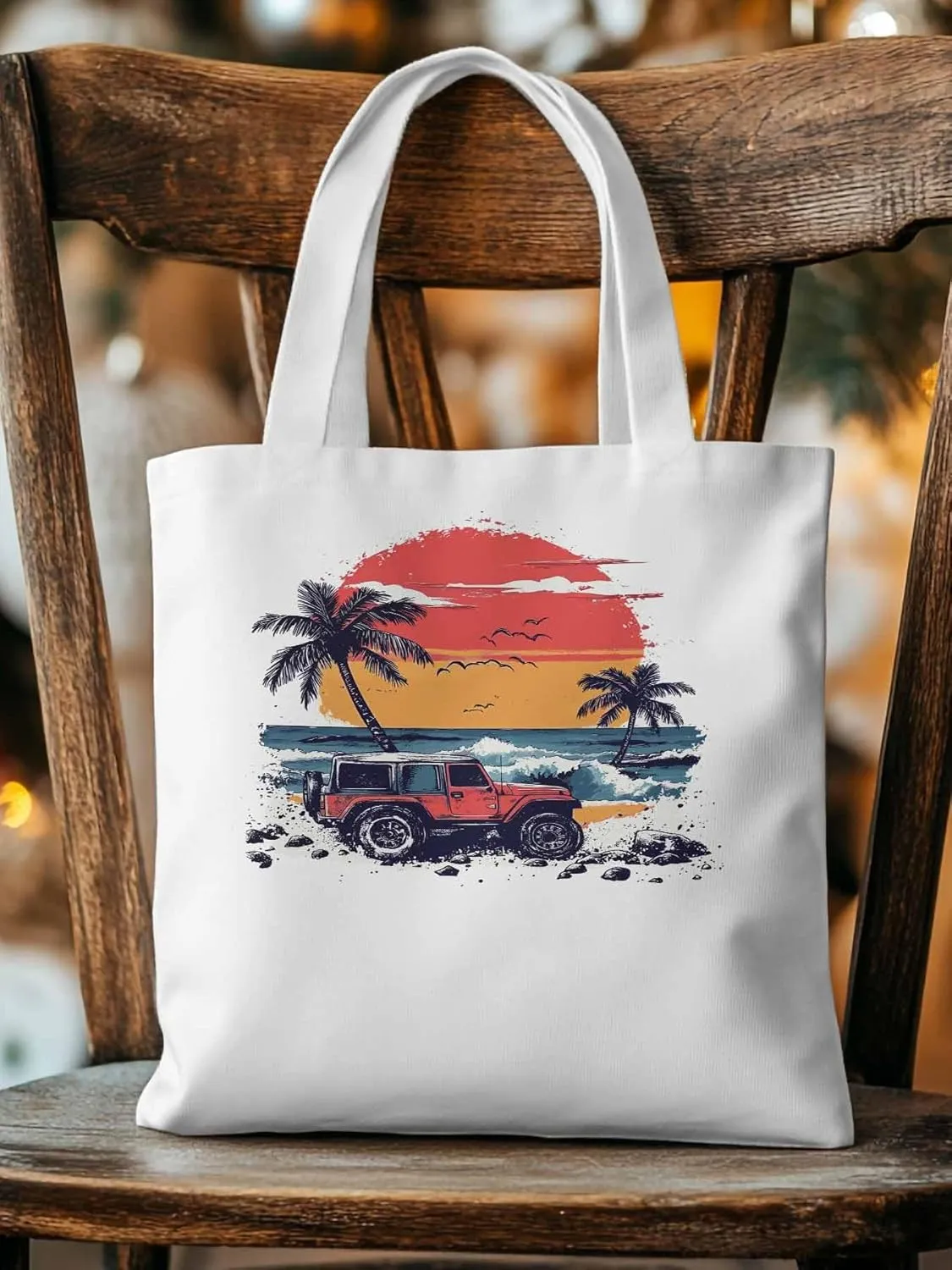 Canvas Tote Bag, Ocean Beach Red Car Palm Tree Birds patterned Canvas Tote Handbags for Women Shoulder Bag,
