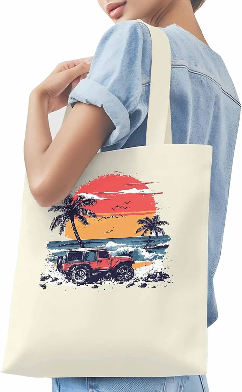 Canvas Tote Bag, Ocean Beach Red Car Palm Tree Birds patterned Canvas Tote Handbags for Women Shoulder Bag,