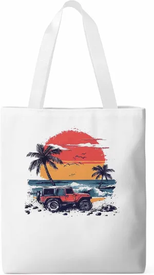 Canvas Tote Bag, Ocean Beach Red Car Palm Tree Birds patterned Canvas Tote Handbags for Women Shoulder Bag,