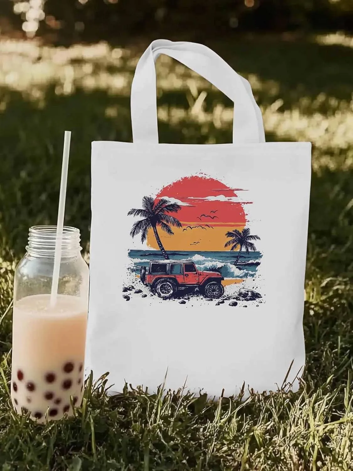 Canvas Tote Bag, Ocean Beach Red Car Palm Tree Birds patterned Canvas Tote Handbags for Women Shoulder Bag,