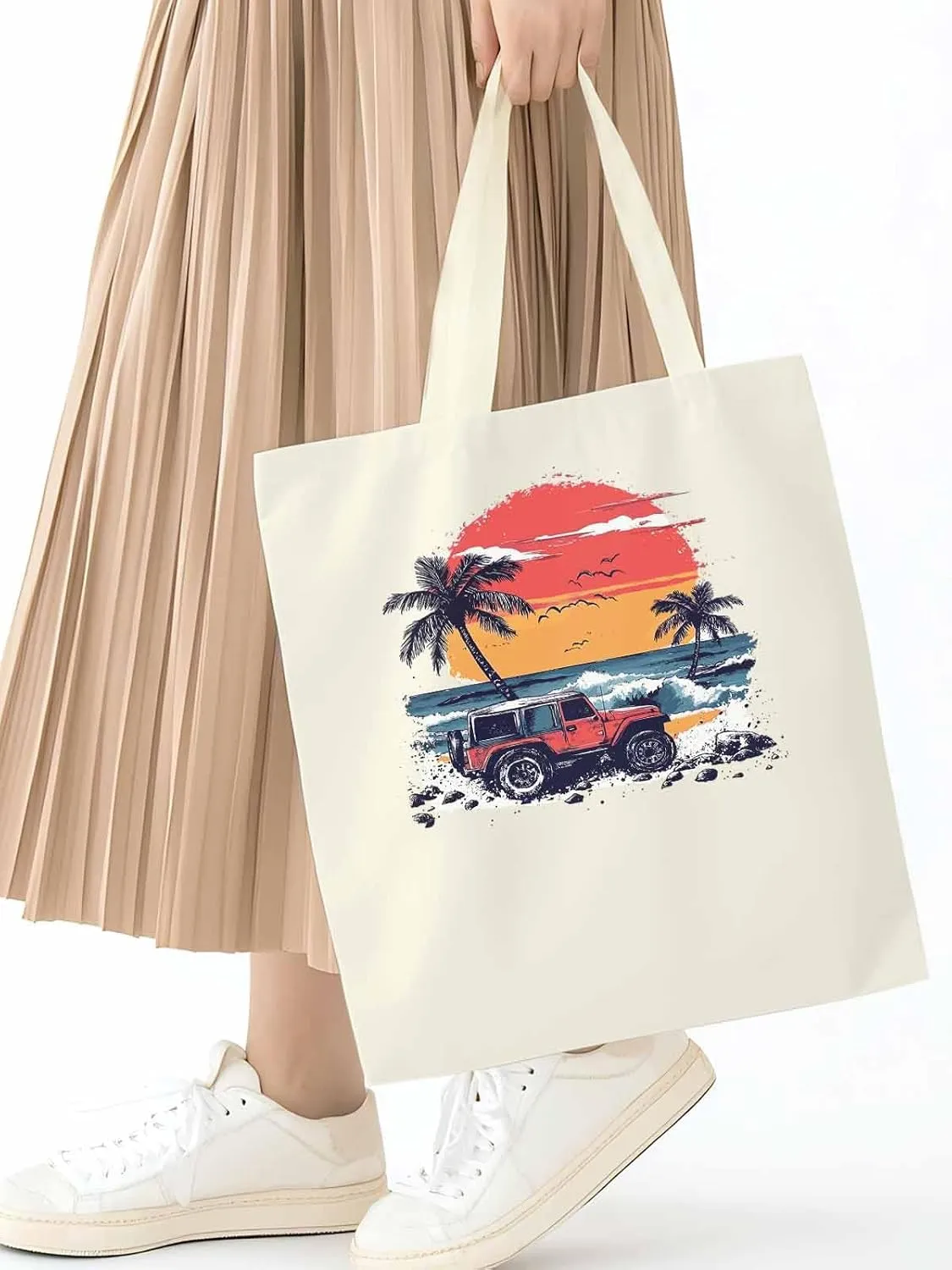 Canvas Tote Bag, Ocean Beach Red Car Palm Tree Birds patterned Canvas Tote Handbags for Women Shoulder Bag,