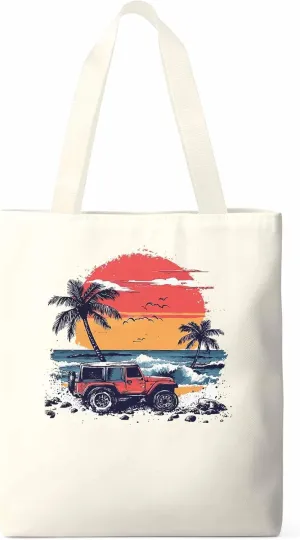 Canvas Tote Bag, Ocean Beach Red Car Palm Tree Birds patterned Canvas Tote Handbags for Women Shoulder Bag,