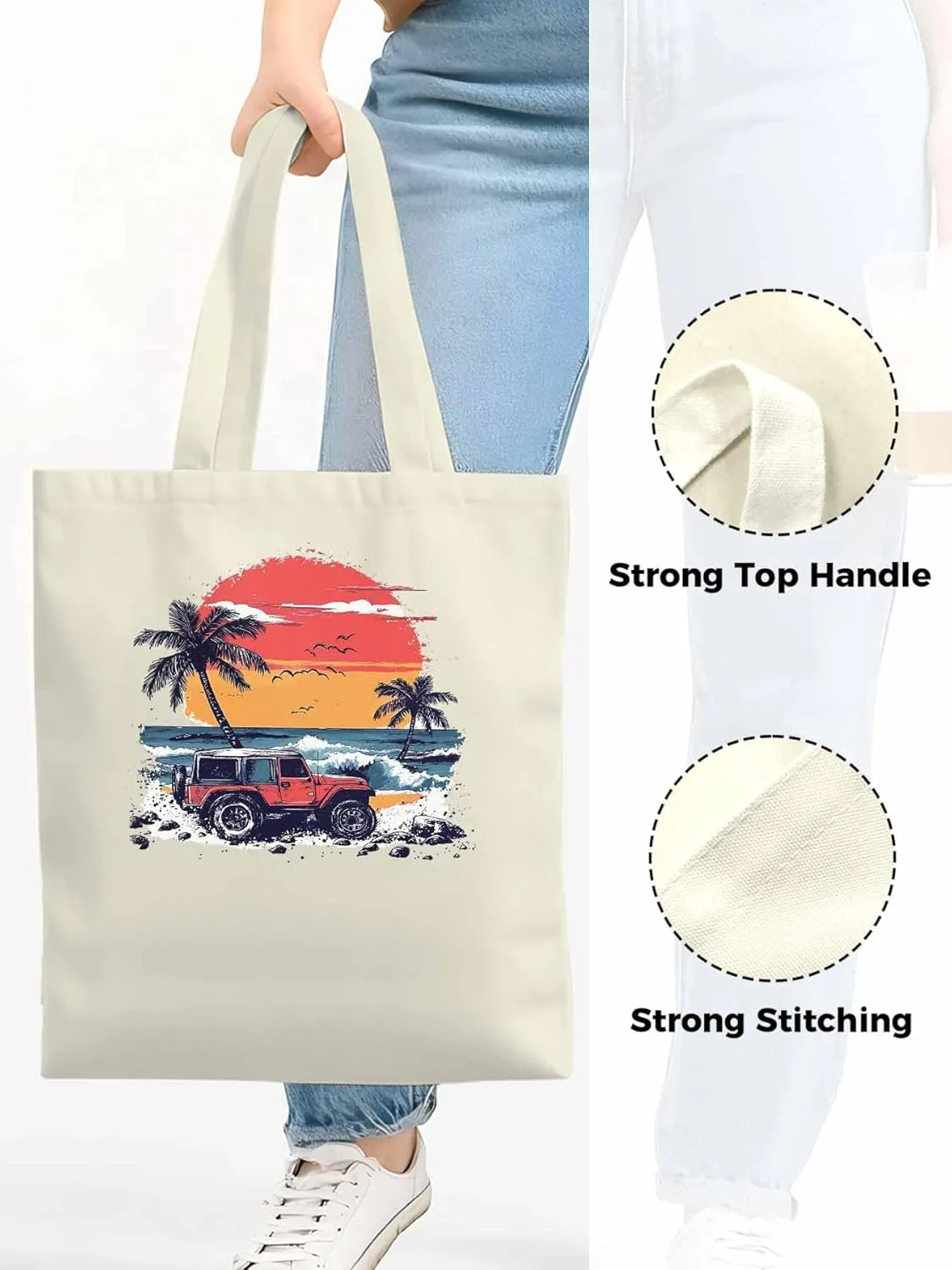 Canvas Tote Bag, Ocean Beach Red Car Palm Tree Birds patterned Canvas Tote Handbags for Women Shoulder Bag,