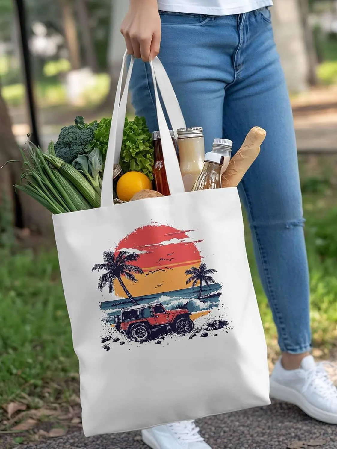 Canvas Tote Bag, Ocean Beach Red Car Palm Tree Birds patterned Canvas Tote Handbags for Women Shoulder Bag,