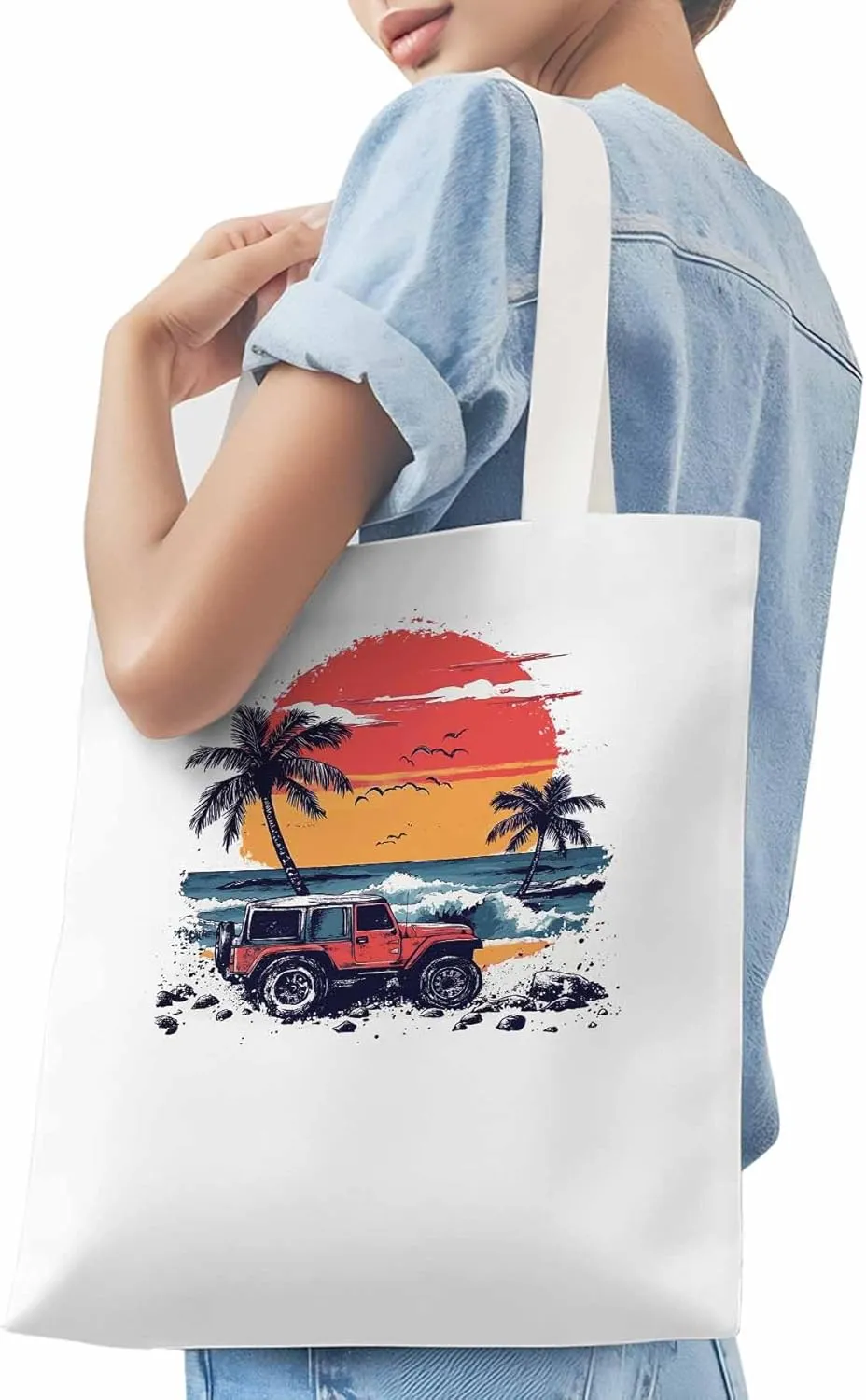Canvas Tote Bag, Ocean Beach Red Car Palm Tree Birds patterned Canvas Tote Handbags for Women Shoulder Bag,