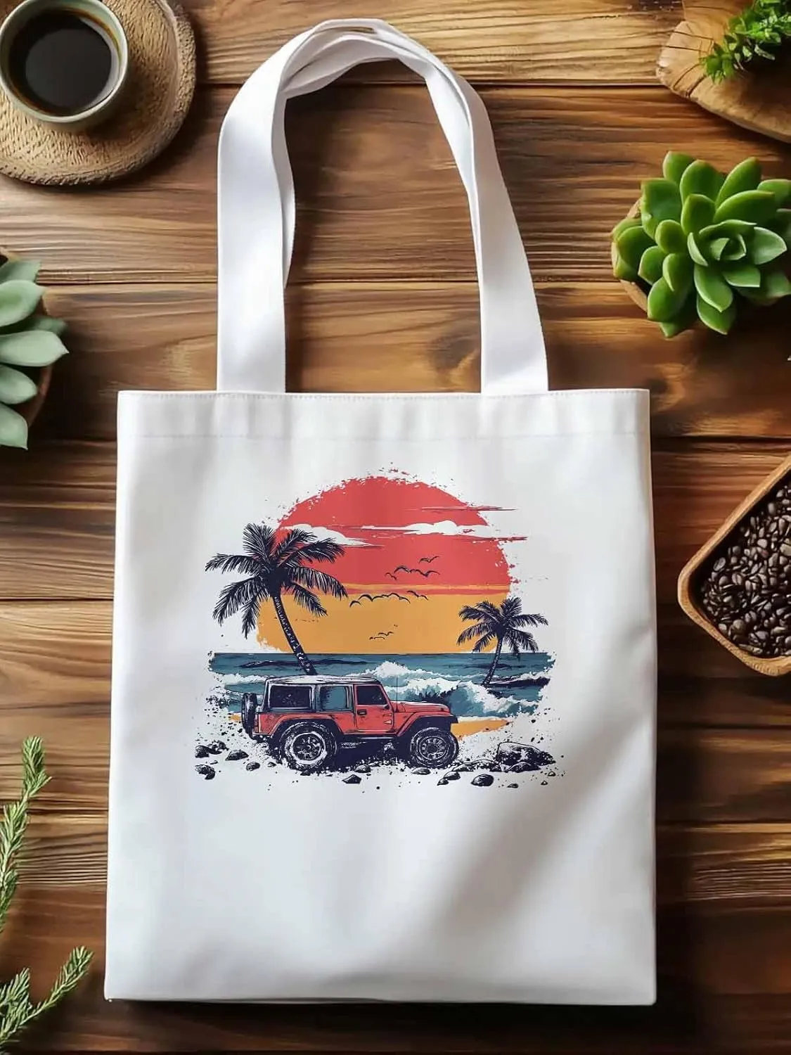 Canvas Tote Bag, Ocean Beach Red Car Palm Tree Birds patterned Canvas Tote Handbags for Women Shoulder Bag,