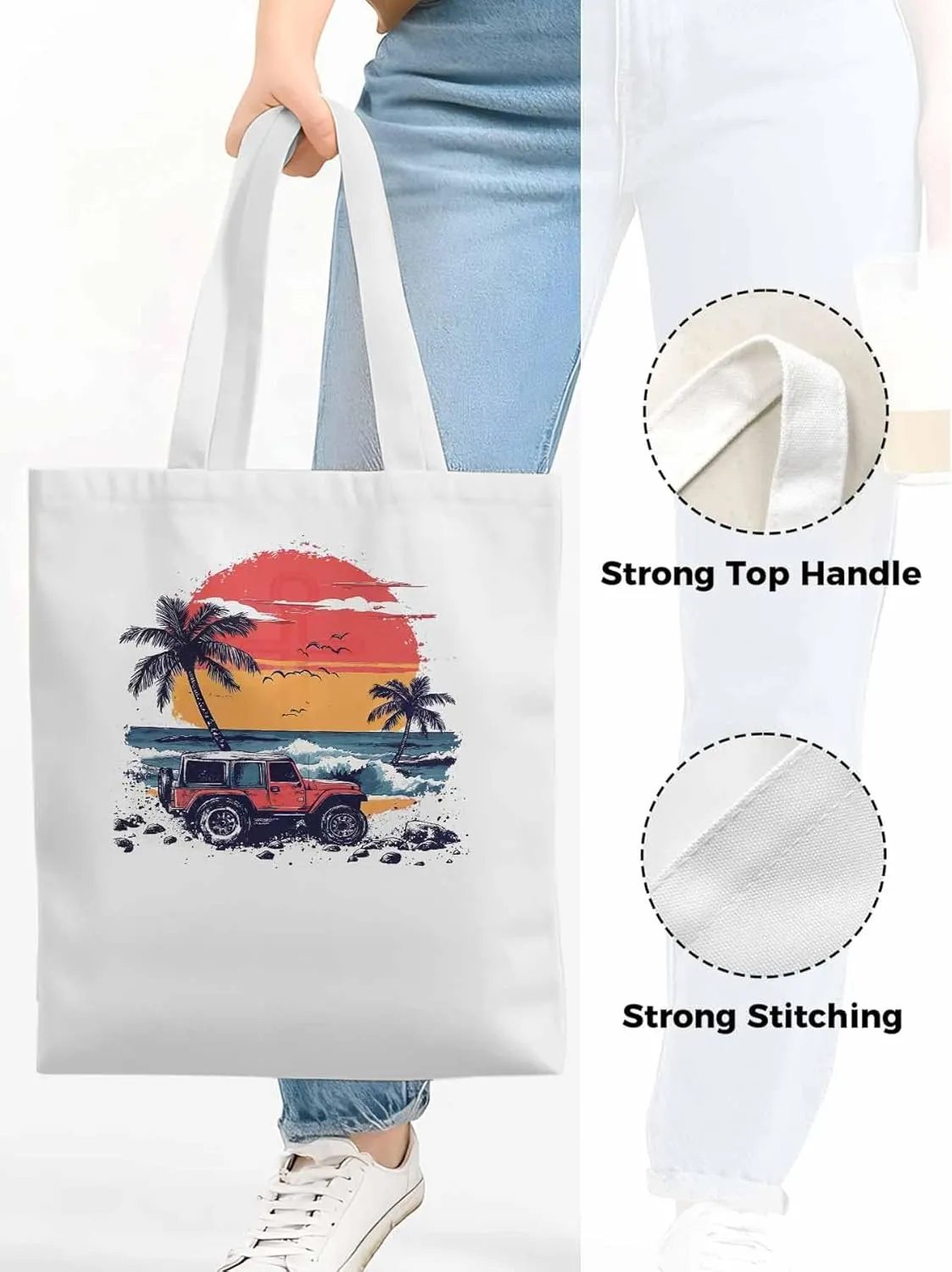 Canvas Tote Bag, Ocean Beach Red Car Palm Tree Birds patterned Canvas Tote Handbags for Women Shoulder Bag,