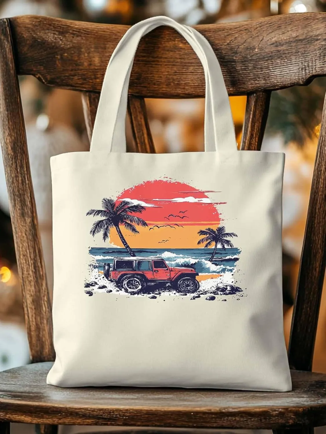 Canvas Tote Bag, Ocean Beach Red Car Palm Tree Birds patterned Canvas Tote Handbags for Women Shoulder Bag,