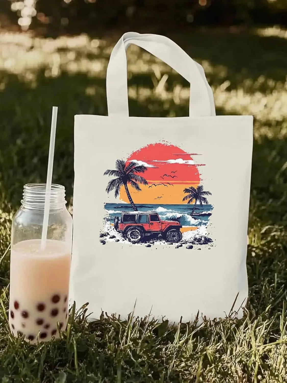 Canvas Tote Bag, Ocean Beach Red Car Palm Tree Birds patterned Canvas Tote Handbags for Women Shoulder Bag,