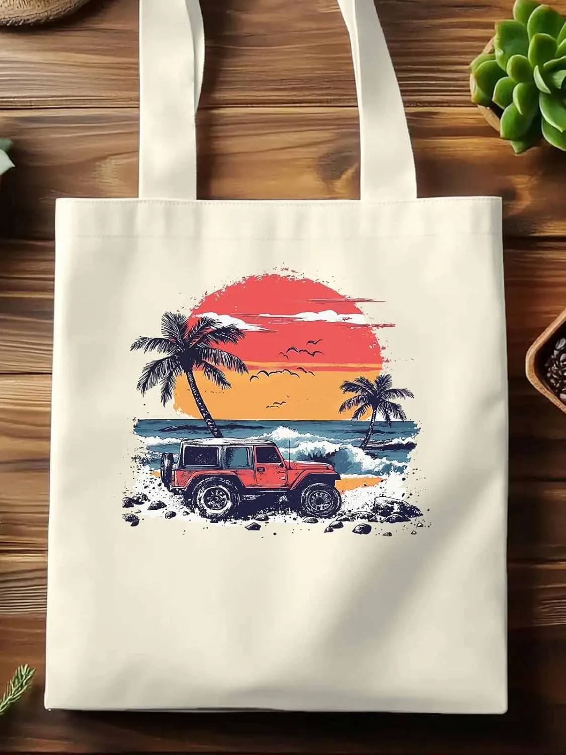 Canvas Tote Bag, Ocean Beach Red Car Palm Tree Birds patterned Canvas Tote Handbags for Women Shoulder Bag,