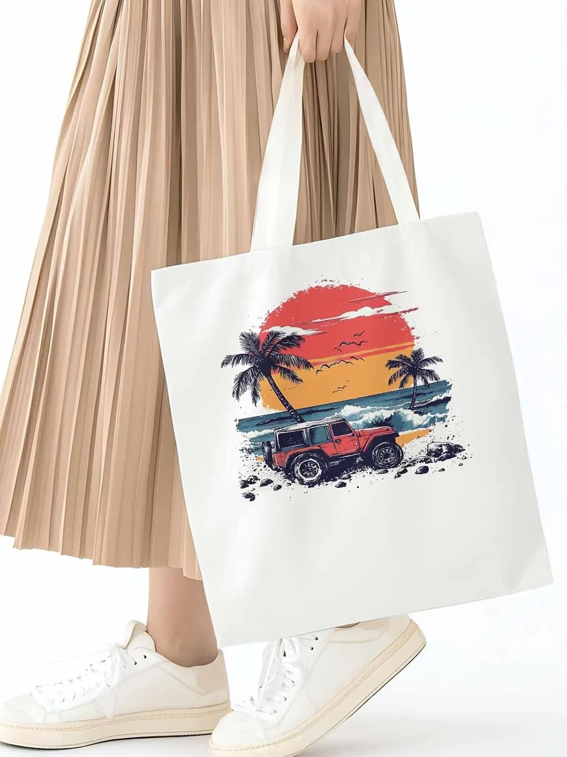 Canvas Tote Bag, Ocean Beach Red Car Palm Tree Birds patterned Canvas Tote Handbags for Women Shoulder Bag,