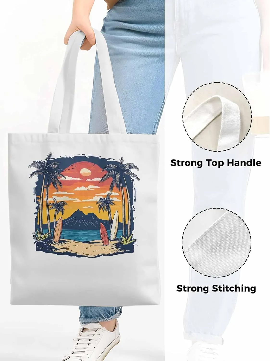 Canvas Tote Bag, Ocean Coconut Tree Sunset Mountain patterned Canvas Tote Handbags for Women Shoulder Bag,