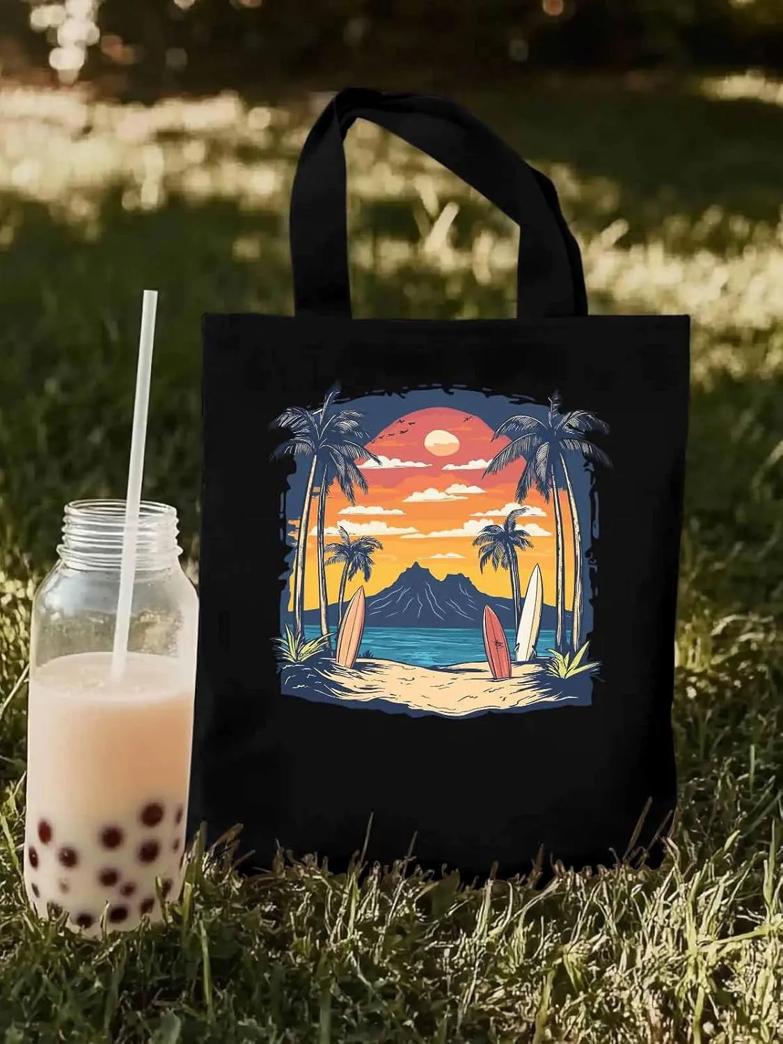 Canvas Tote Bag, Ocean Coconut Tree Sunset Mountain patterned Canvas Tote Handbags for Women Shoulder Bag,