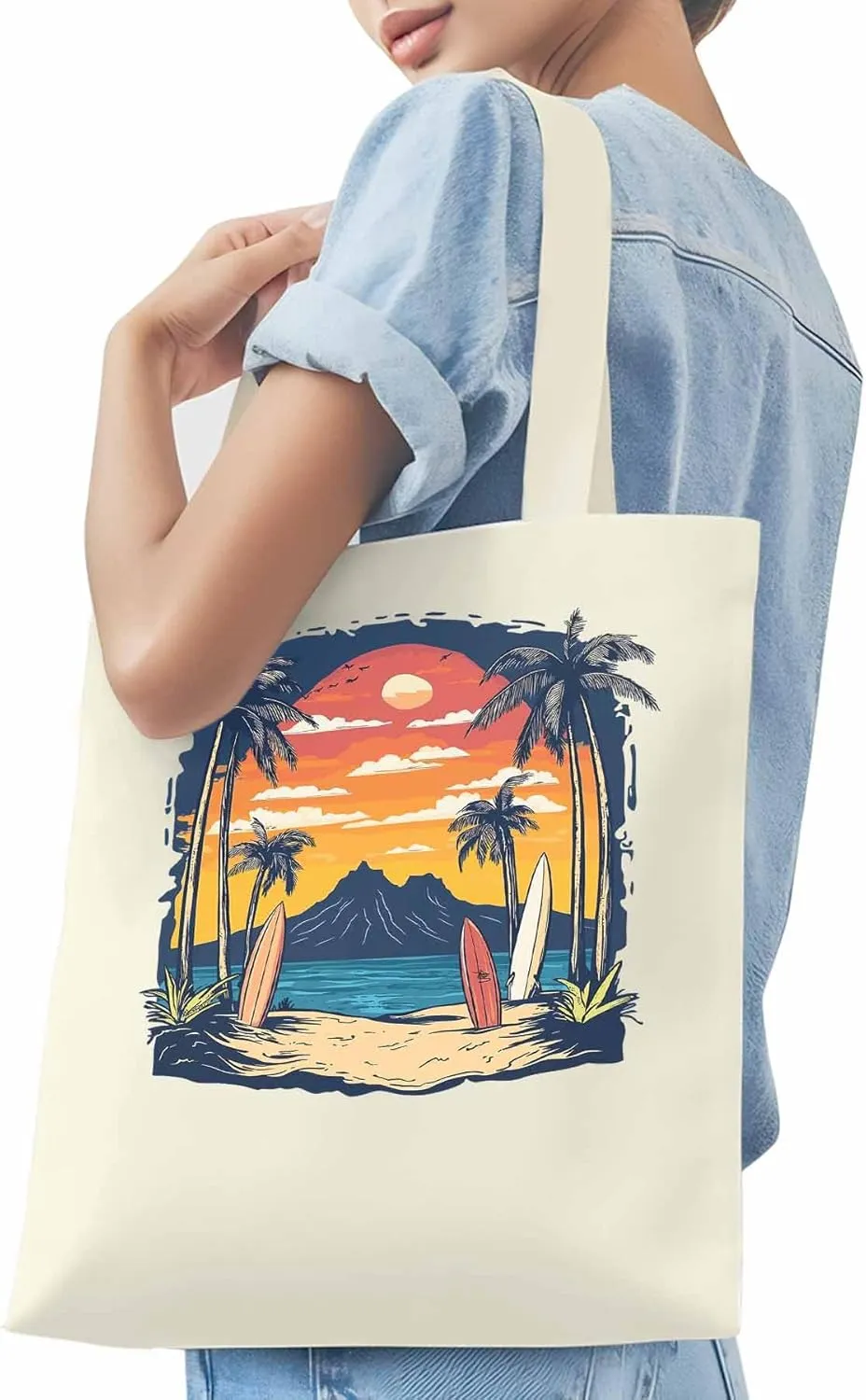 Canvas Tote Bag, Ocean Coconut Tree Sunset Mountain patterned Canvas Tote Handbags for Women Shoulder Bag,
