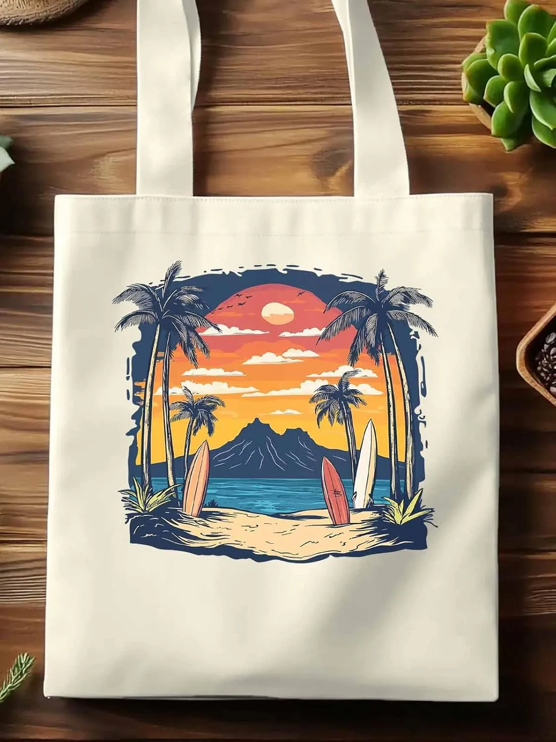 Canvas Tote Bag, Ocean Coconut Tree Sunset Mountain patterned Canvas Tote Handbags for Women Shoulder Bag,