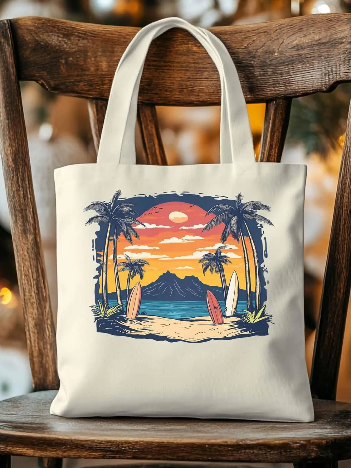 Canvas Tote Bag, Ocean Coconut Tree Sunset Mountain patterned Canvas Tote Handbags for Women Shoulder Bag,