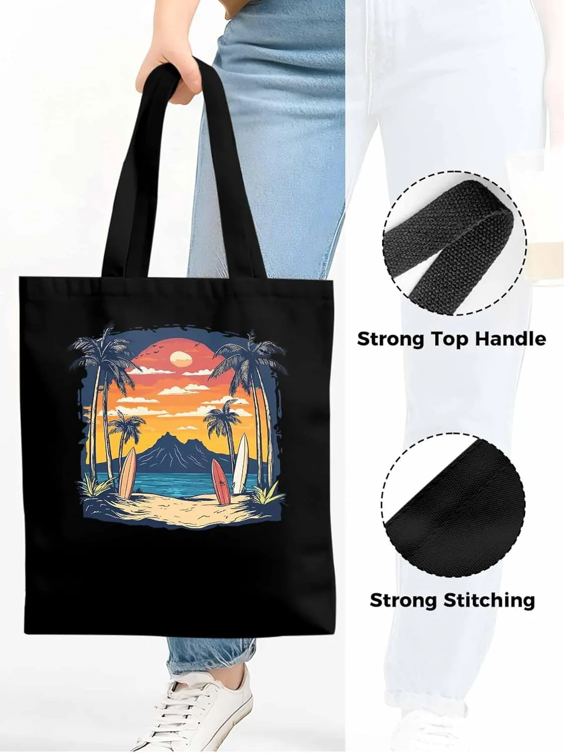 Canvas Tote Bag, Ocean Coconut Tree Sunset Mountain patterned Canvas Tote Handbags for Women Shoulder Bag,