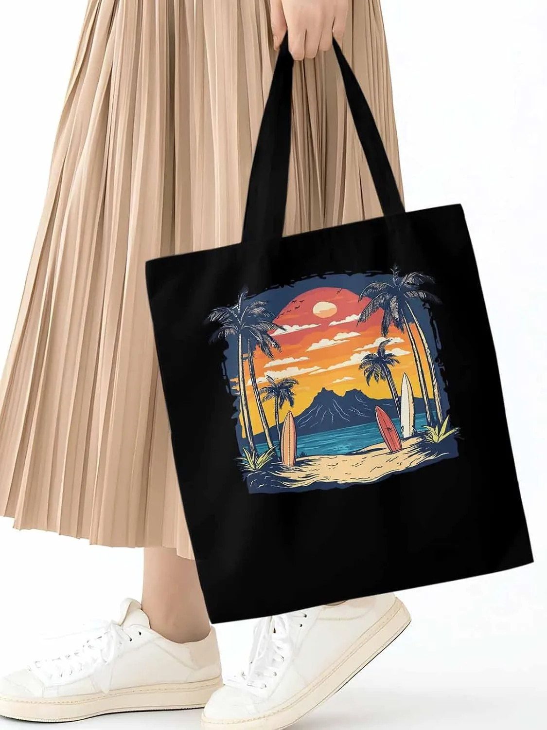 Canvas Tote Bag, Ocean Coconut Tree Sunset Mountain patterned Canvas Tote Handbags for Women Shoulder Bag,