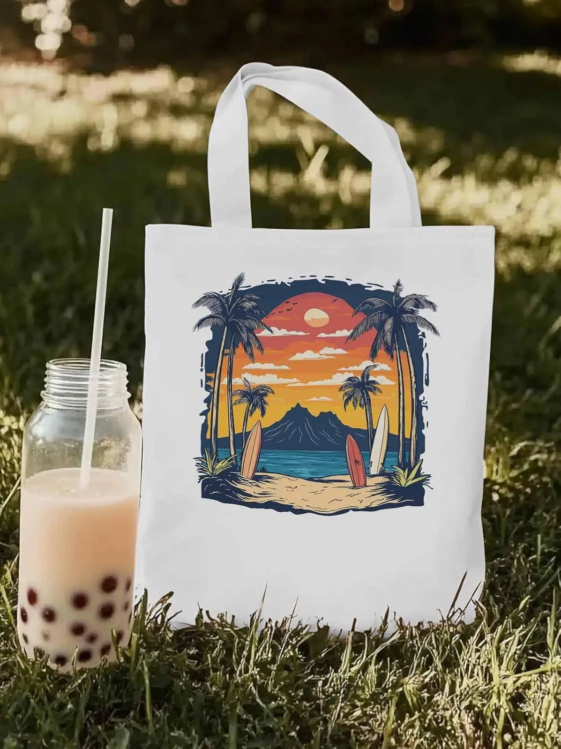 Canvas Tote Bag, Ocean Coconut Tree Sunset Mountain patterned Canvas Tote Handbags for Women Shoulder Bag,