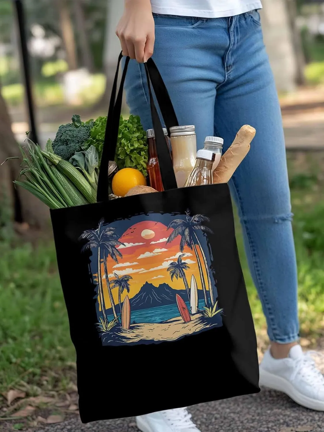 Canvas Tote Bag, Ocean Coconut Tree Sunset Mountain patterned Canvas Tote Handbags for Women Shoulder Bag,