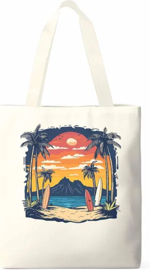 Canvas Tote Bag, Ocean Coconut Tree Sunset Mountain patterned Canvas Tote Handbags for Women Shoulder Bag,