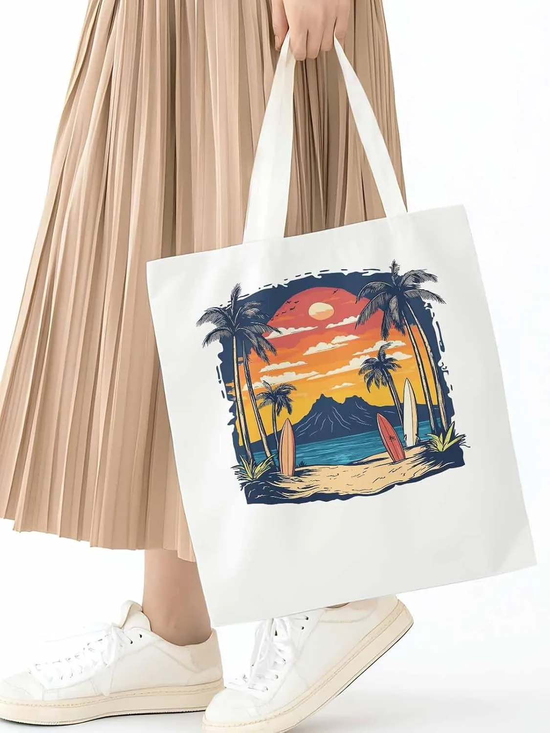 Canvas Tote Bag, Ocean Coconut Tree Sunset Mountain patterned Canvas Tote Handbags for Women Shoulder Bag,