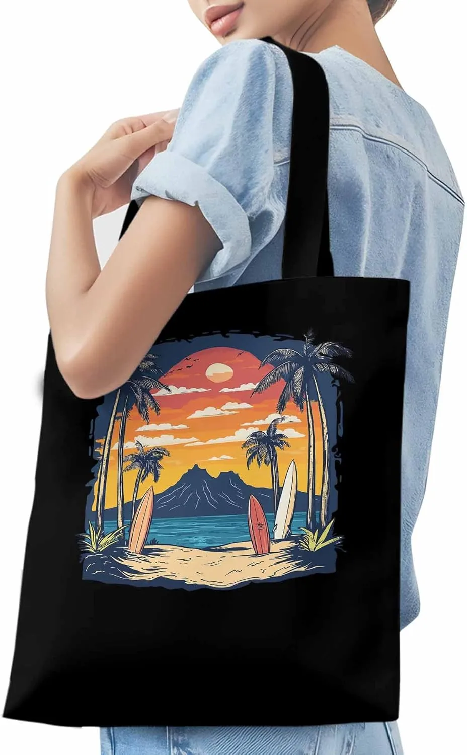 Canvas Tote Bag, Ocean Coconut Tree Sunset Mountain patterned Canvas Tote Handbags for Women Shoulder Bag,