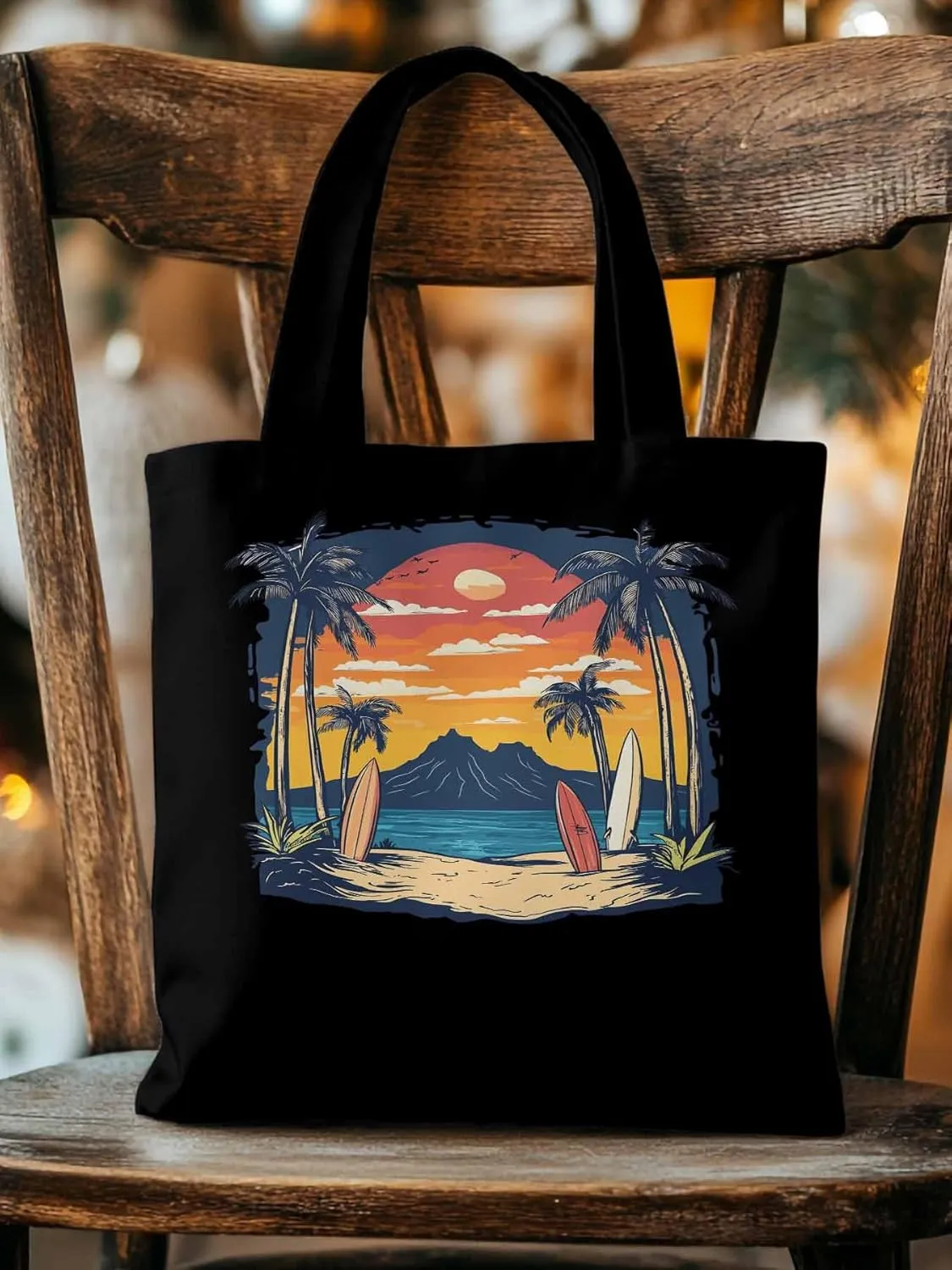 Canvas Tote Bag, Ocean Coconut Tree Sunset Mountain patterned Canvas Tote Handbags for Women Shoulder Bag,