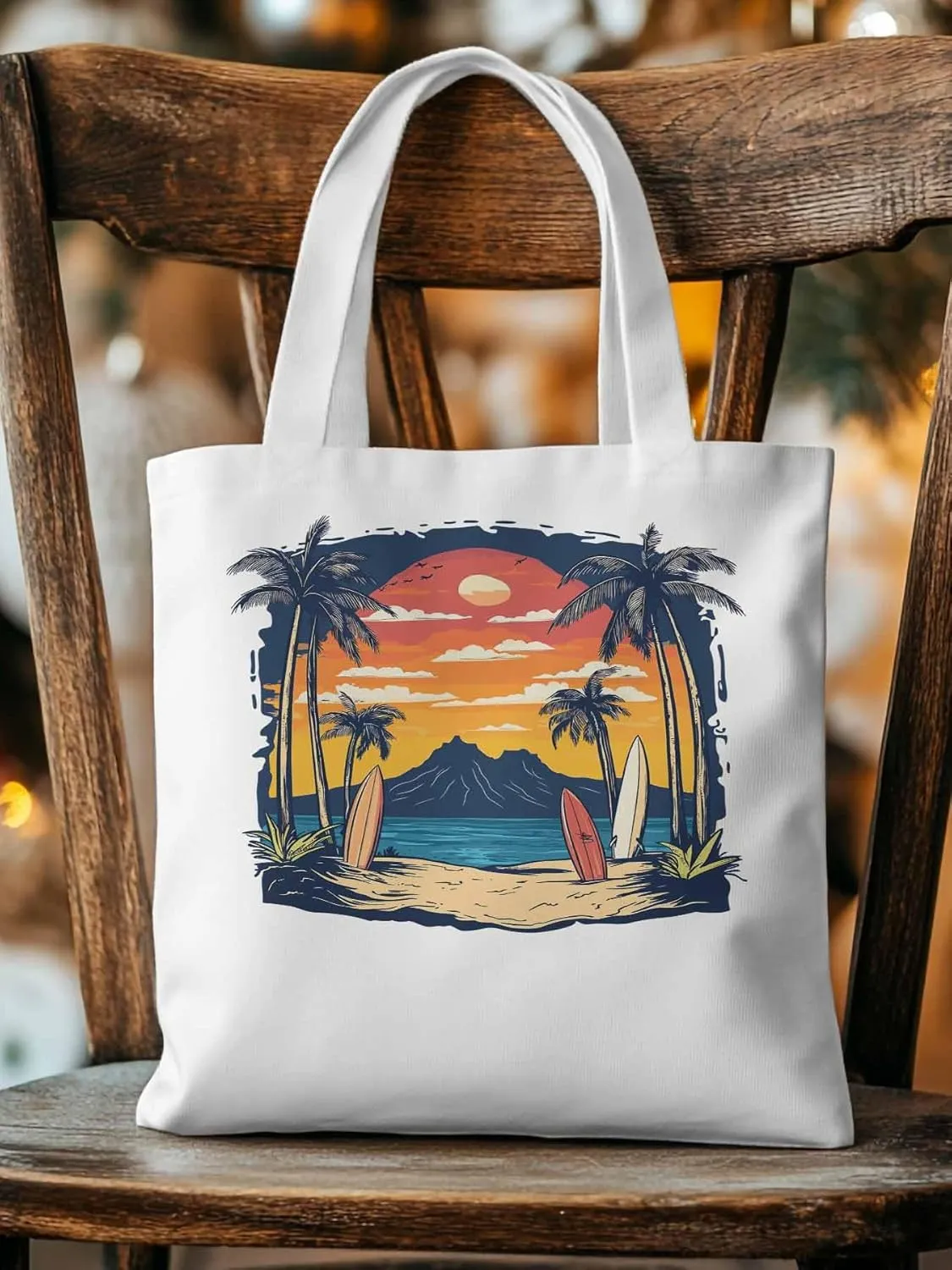 Canvas Tote Bag, Ocean Coconut Tree Sunset Mountain patterned Canvas Tote Handbags for Women Shoulder Bag,