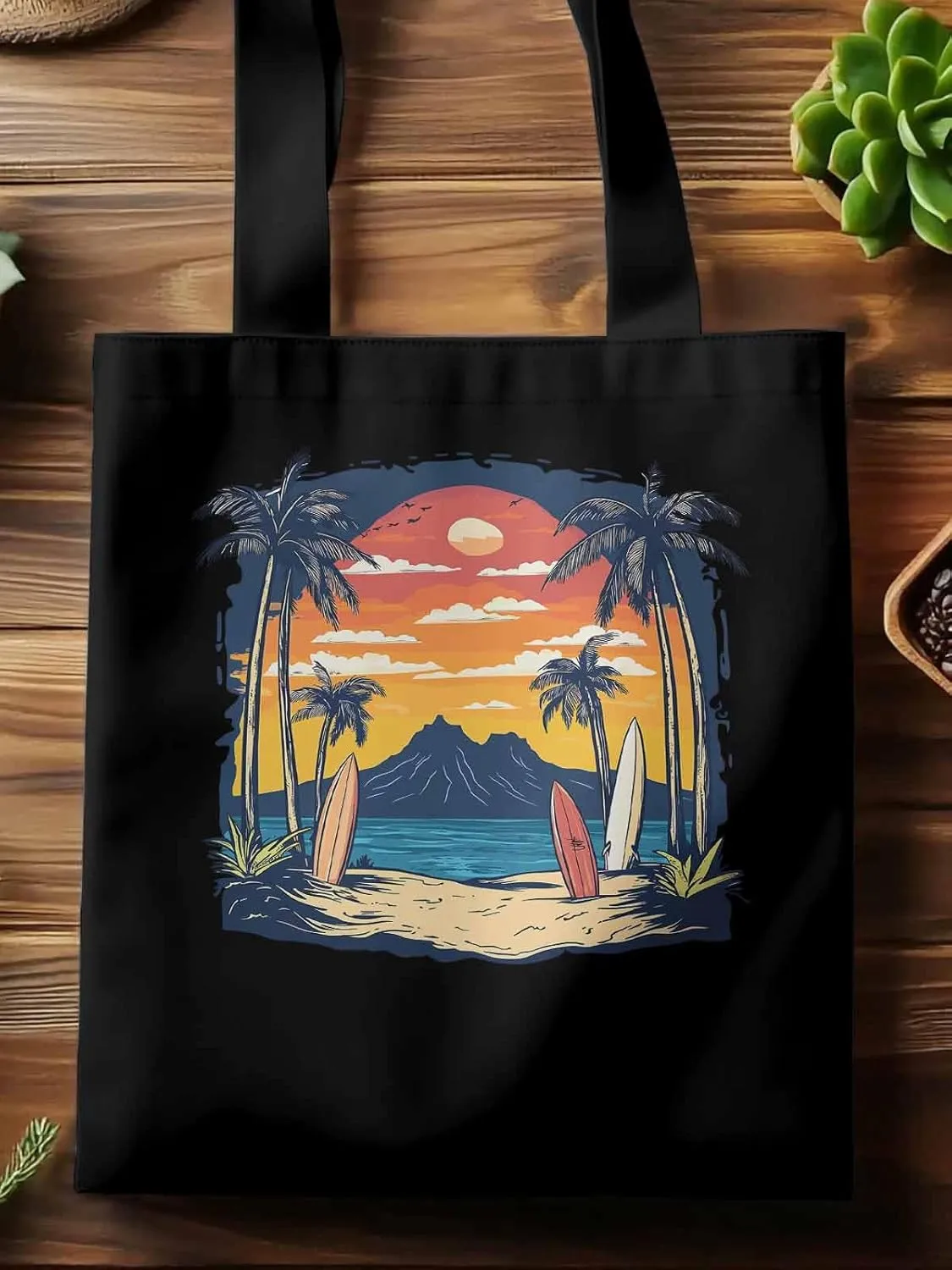 Canvas Tote Bag, Ocean Coconut Tree Sunset Mountain patterned Canvas Tote Handbags for Women Shoulder Bag,