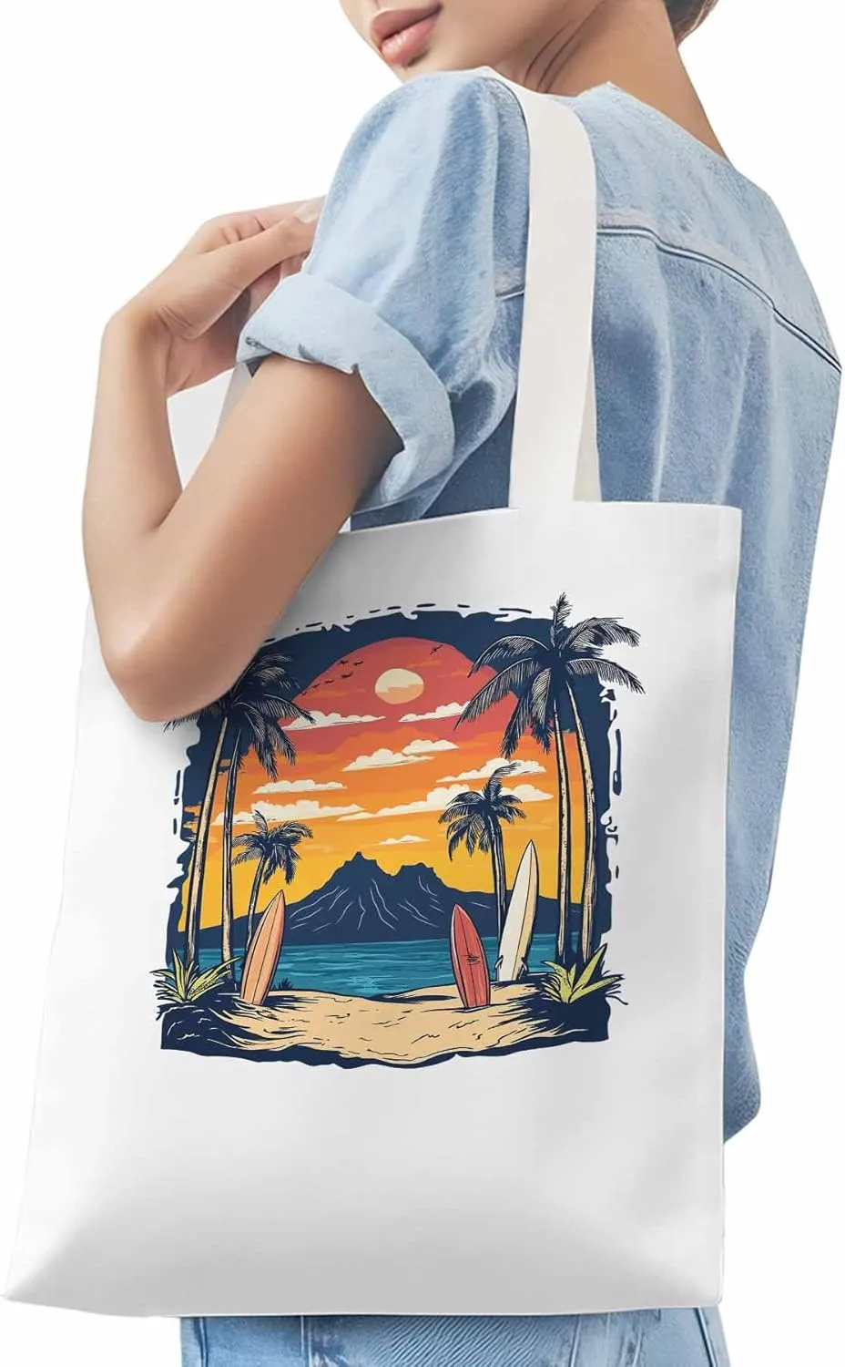 Canvas Tote Bag, Ocean Coconut Tree Sunset Mountain patterned Canvas Tote Handbags for Women Shoulder Bag,
