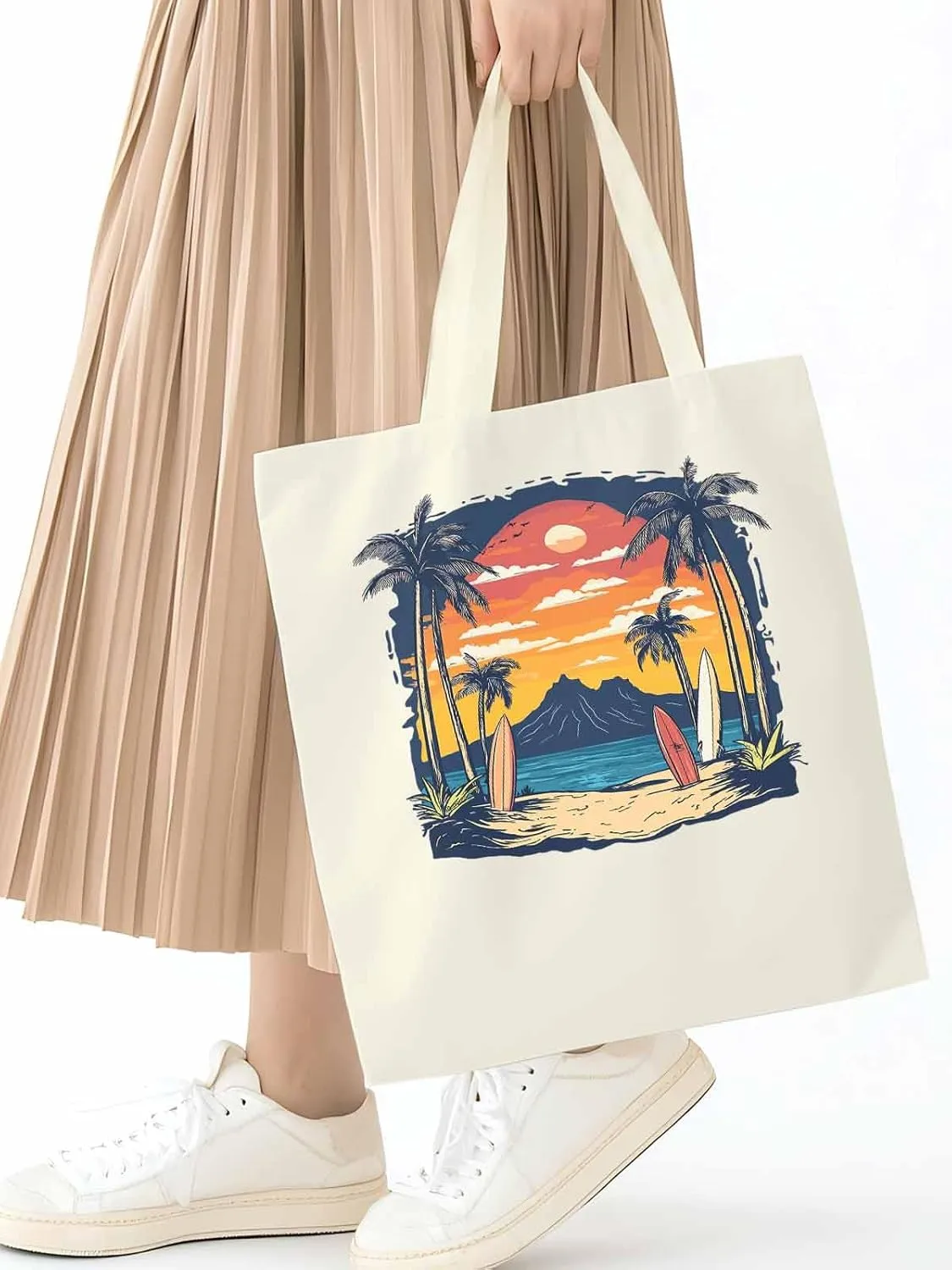 Canvas Tote Bag, Ocean Coconut Tree Sunset Mountain patterned Canvas Tote Handbags for Women Shoulder Bag,