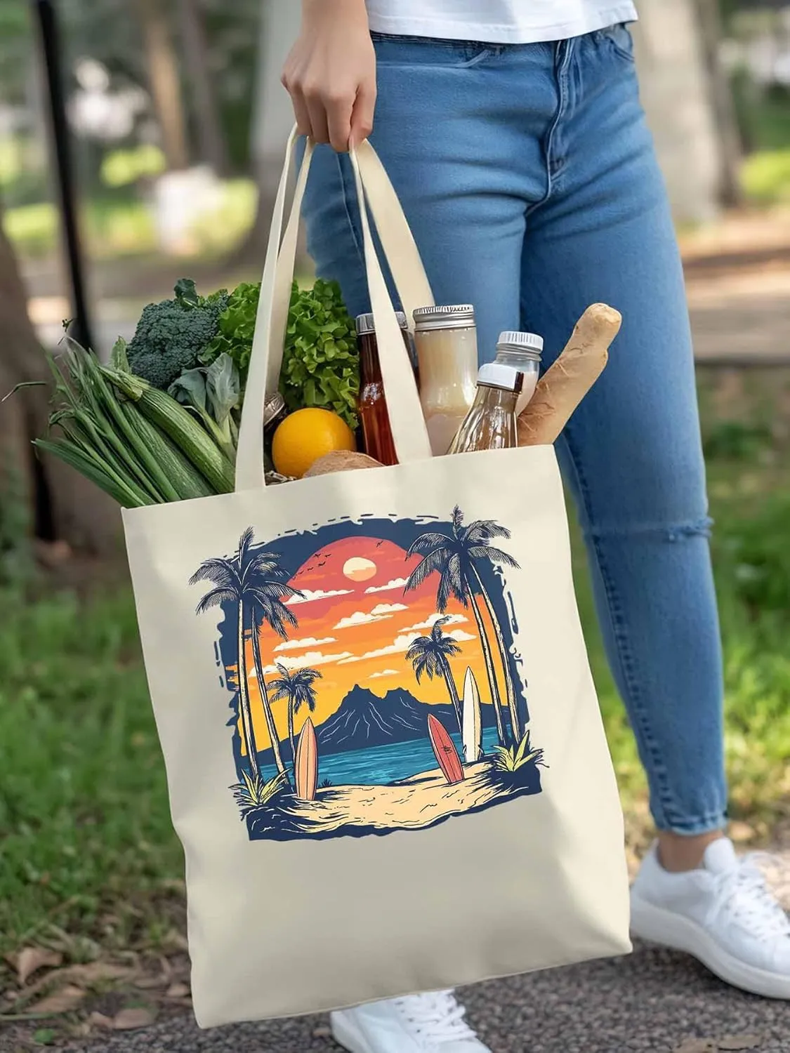Canvas Tote Bag, Ocean Coconut Tree Sunset Mountain patterned Canvas Tote Handbags for Women Shoulder Bag,