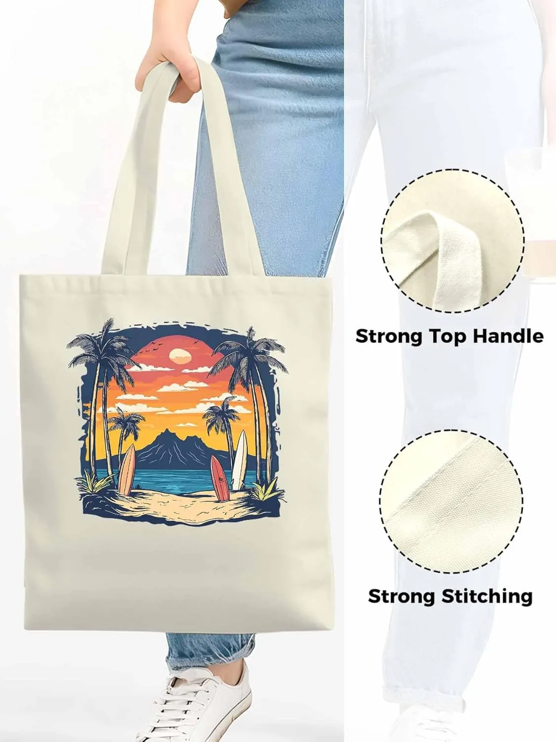 Canvas Tote Bag, Ocean Coconut Tree Sunset Mountain patterned Canvas Tote Handbags for Women Shoulder Bag,