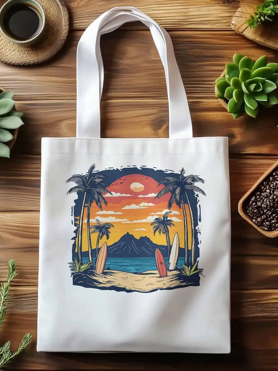 Canvas Tote Bag, Ocean Coconut Tree Sunset Mountain patterned Canvas Tote Handbags for Women Shoulder Bag,