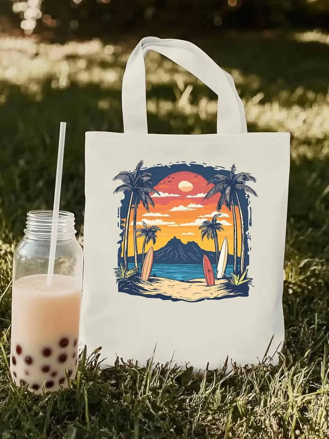 Canvas Tote Bag, Ocean Coconut Tree Sunset Mountain patterned Canvas Tote Handbags for Women Shoulder Bag,