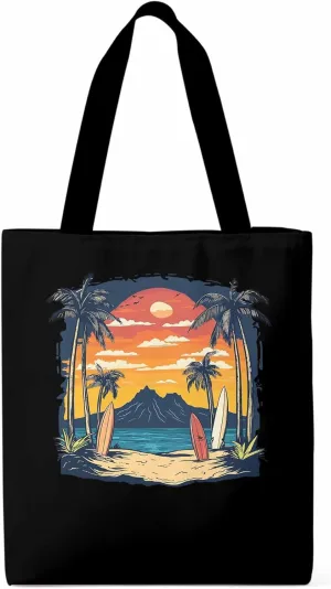 Canvas Tote Bag, Ocean Coconut Tree Sunset Mountain patterned Canvas Tote Handbags for Women Shoulder Bag,