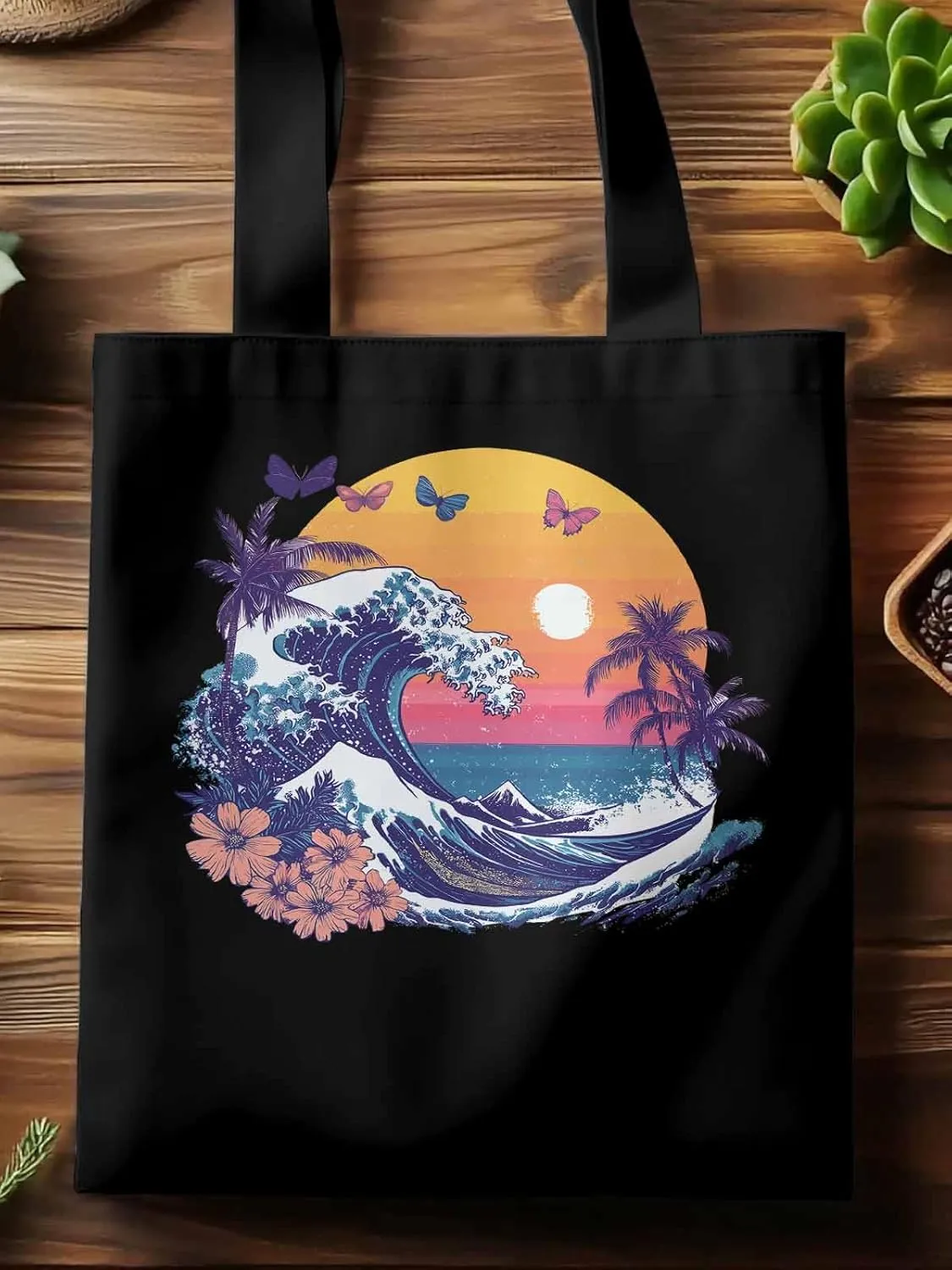 Canvas Tote Bag, Ocean Waves Palm Trees Rainbow Butterfly Aesthetic Canvas Tote Handbags for Women Shoulder Bag