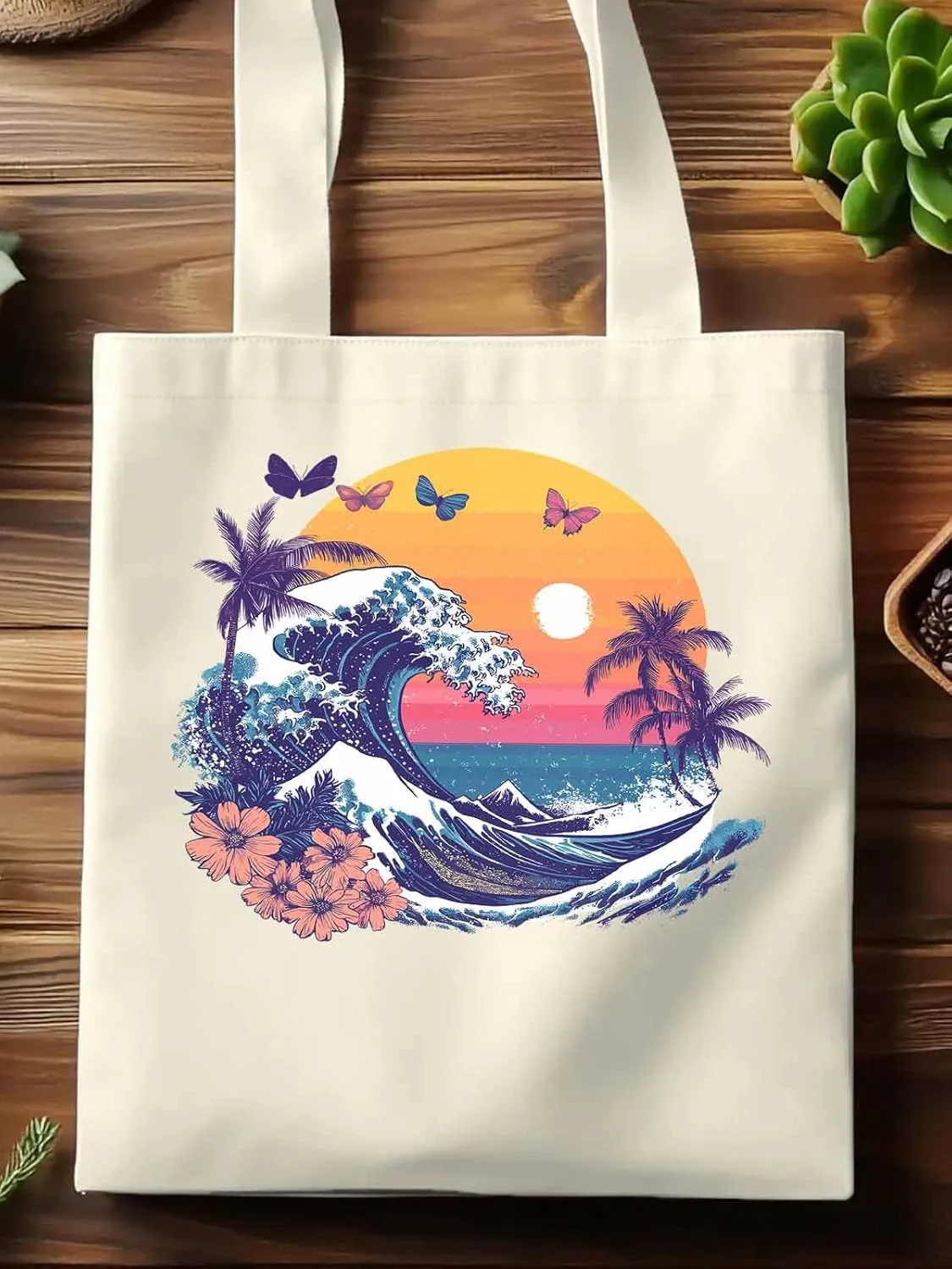 Canvas Tote Bag, Ocean Waves Palm Trees Rainbow Butterfly Aesthetic Canvas Tote Handbags for Women Shoulder Bag