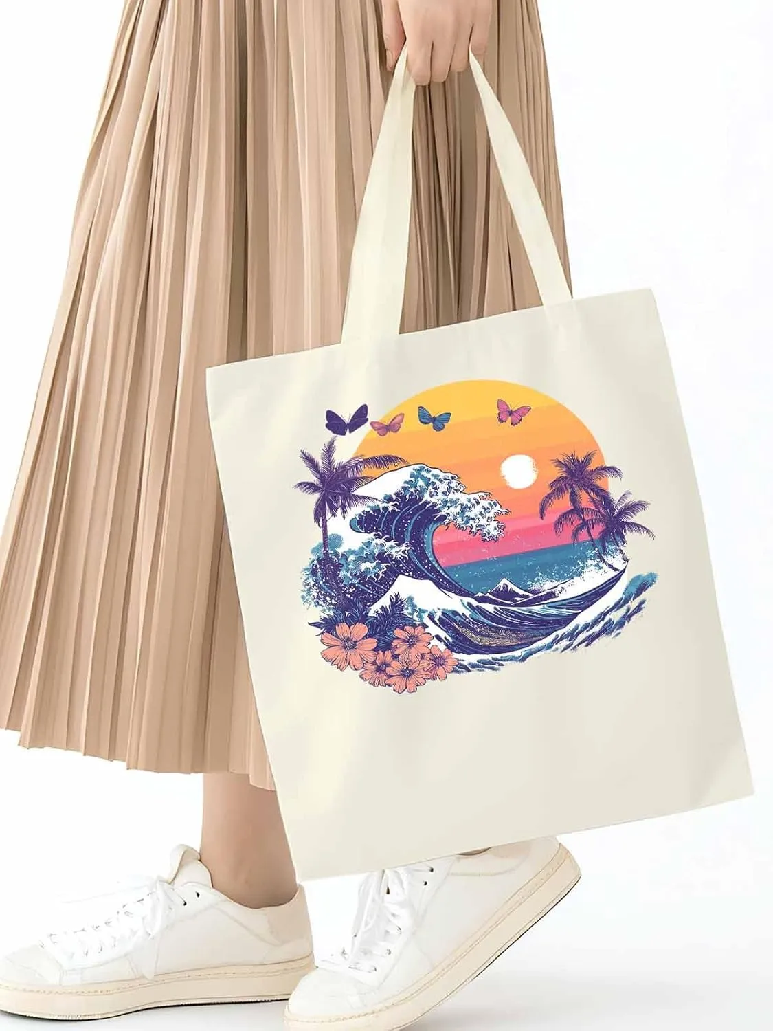Canvas Tote Bag, Ocean Waves Palm Trees Rainbow Butterfly Aesthetic Canvas Tote Handbags for Women Shoulder Bag