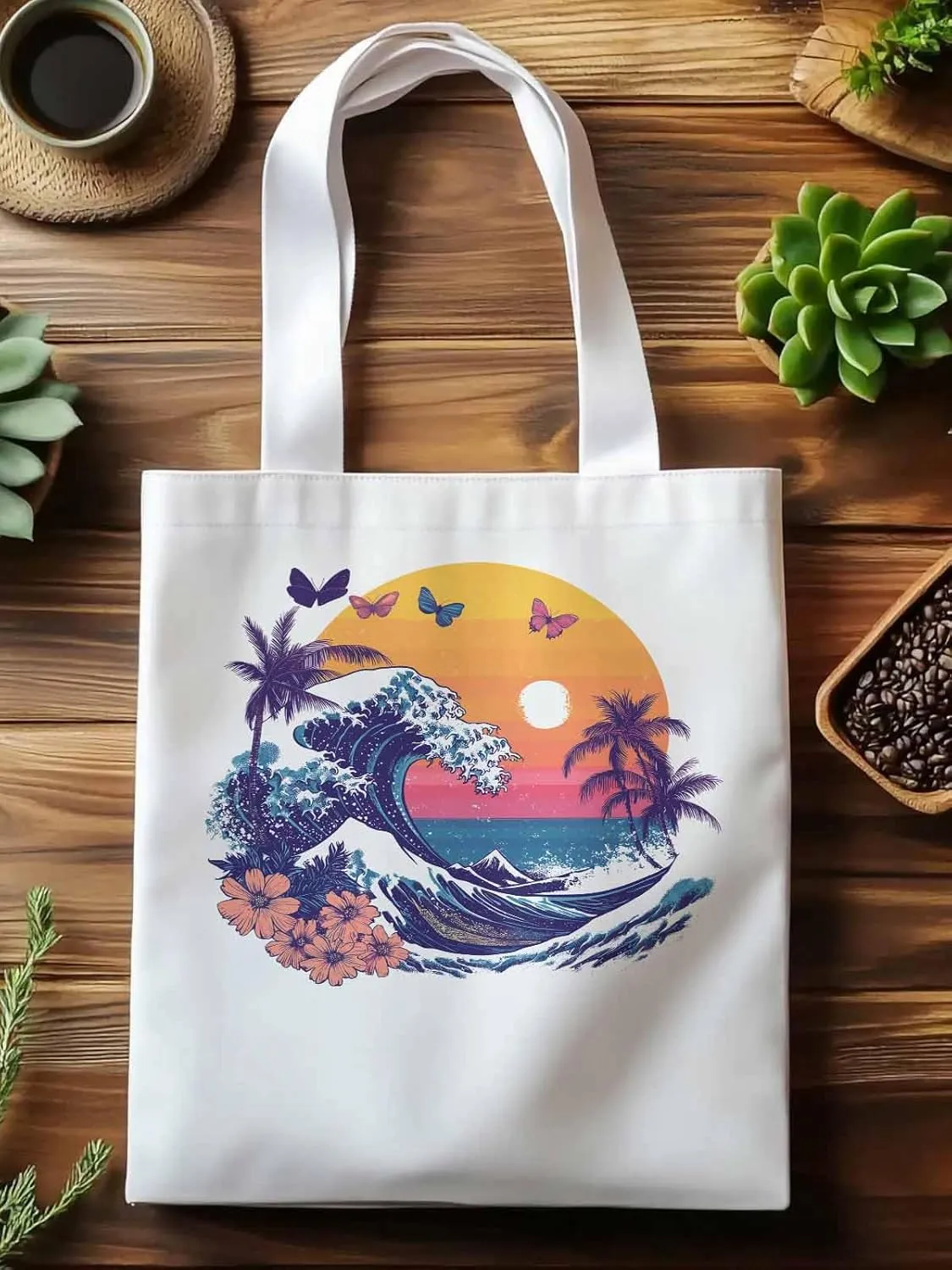 Canvas Tote Bag, Ocean Waves Palm Trees Rainbow Butterfly Aesthetic Canvas Tote Handbags for Women Shoulder Bag