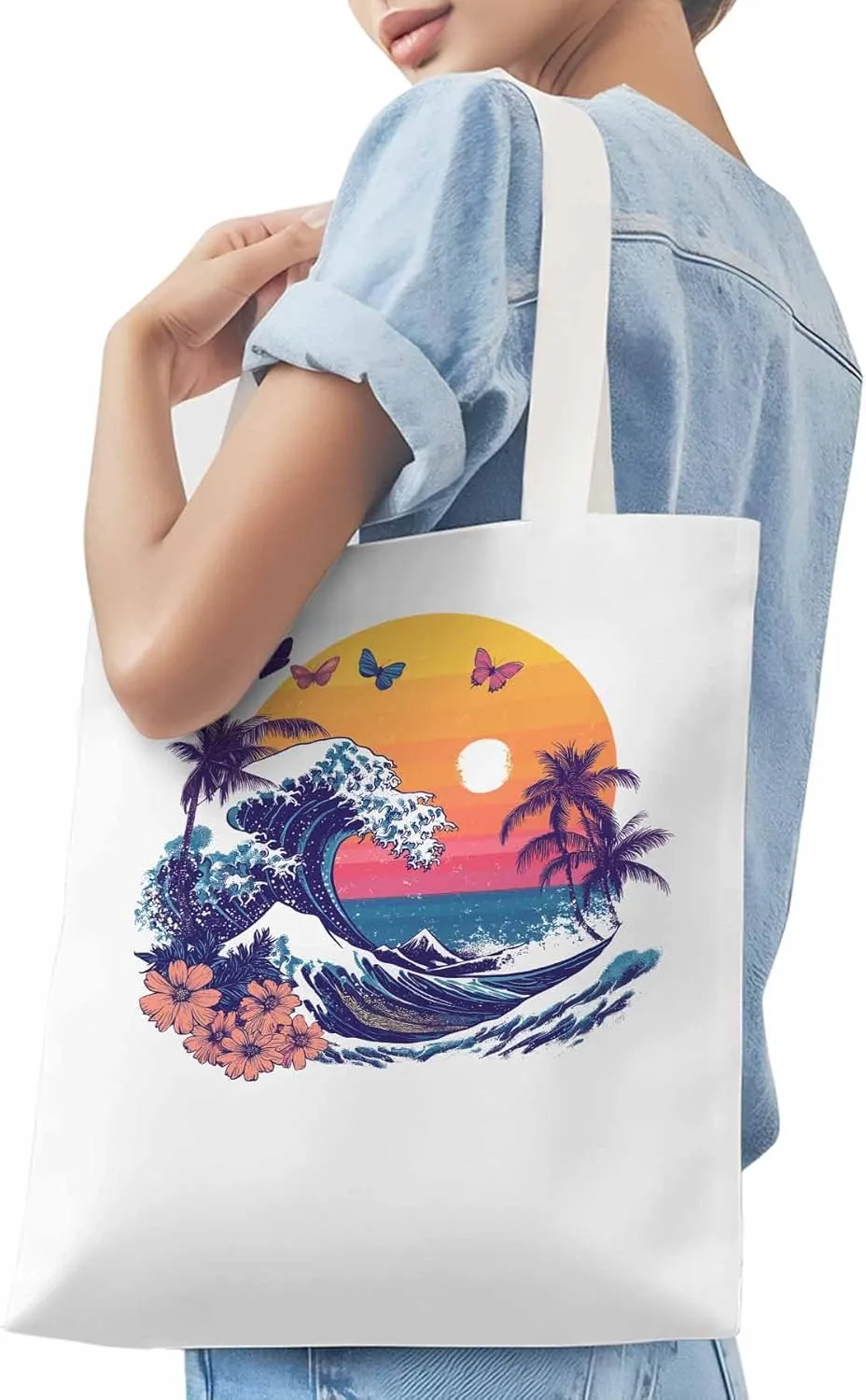 Canvas Tote Bag, Ocean Waves Palm Trees Rainbow Butterfly Aesthetic Canvas Tote Handbags for Women Shoulder Bag