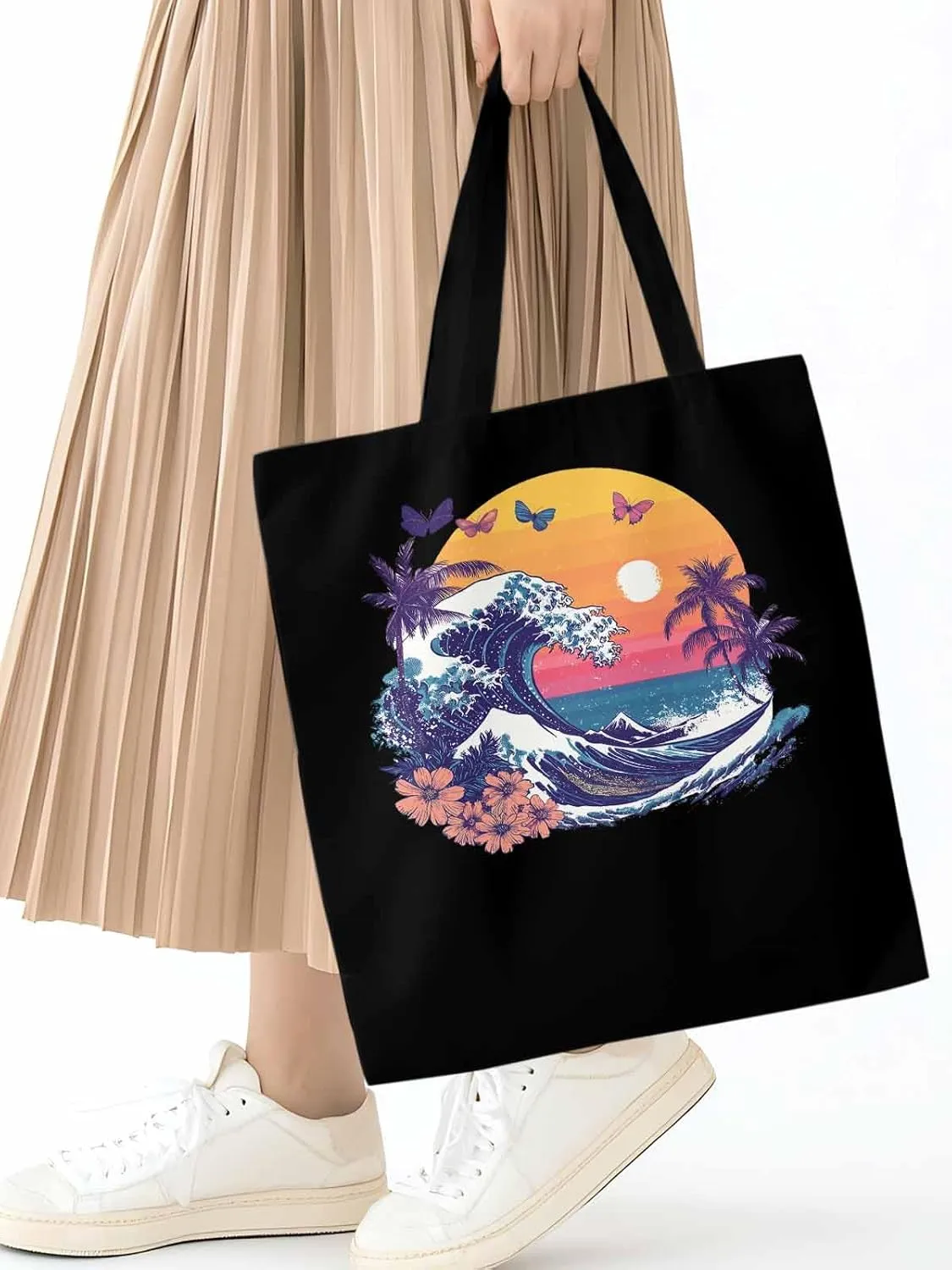 Canvas Tote Bag, Ocean Waves Palm Trees Rainbow Butterfly Aesthetic Canvas Tote Handbags for Women Shoulder Bag