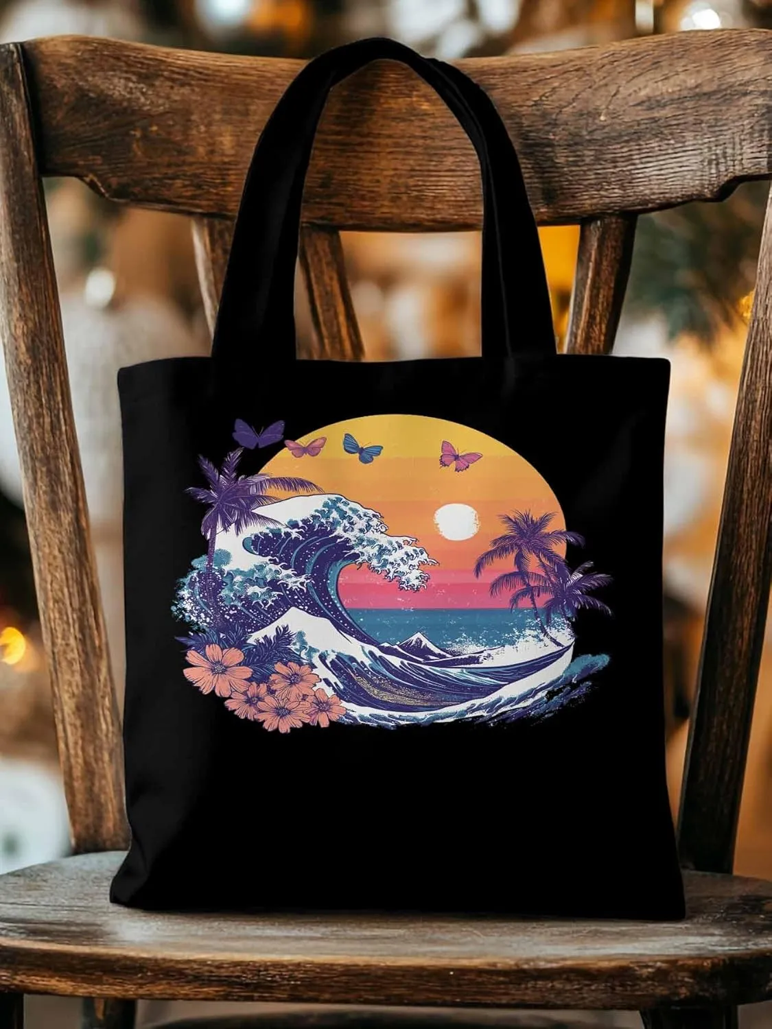 Canvas Tote Bag, Ocean Waves Palm Trees Rainbow Butterfly Aesthetic Canvas Tote Handbags for Women Shoulder Bag