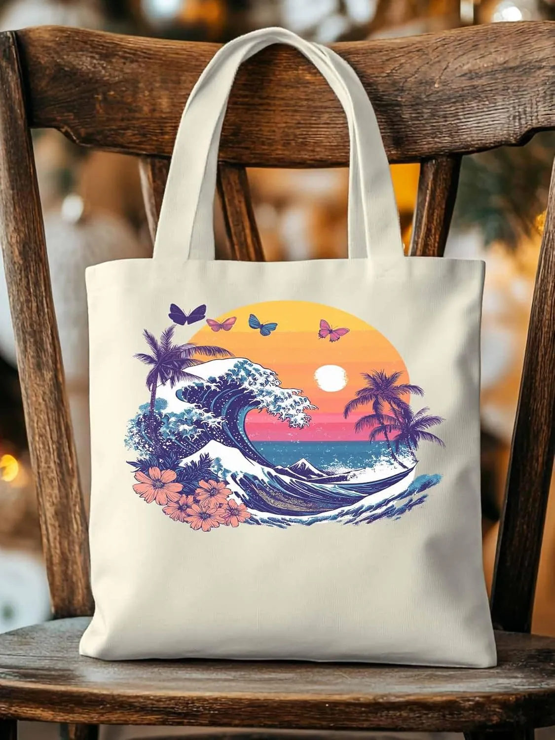 Canvas Tote Bag, Ocean Waves Palm Trees Rainbow Butterfly Aesthetic Canvas Tote Handbags for Women Shoulder Bag