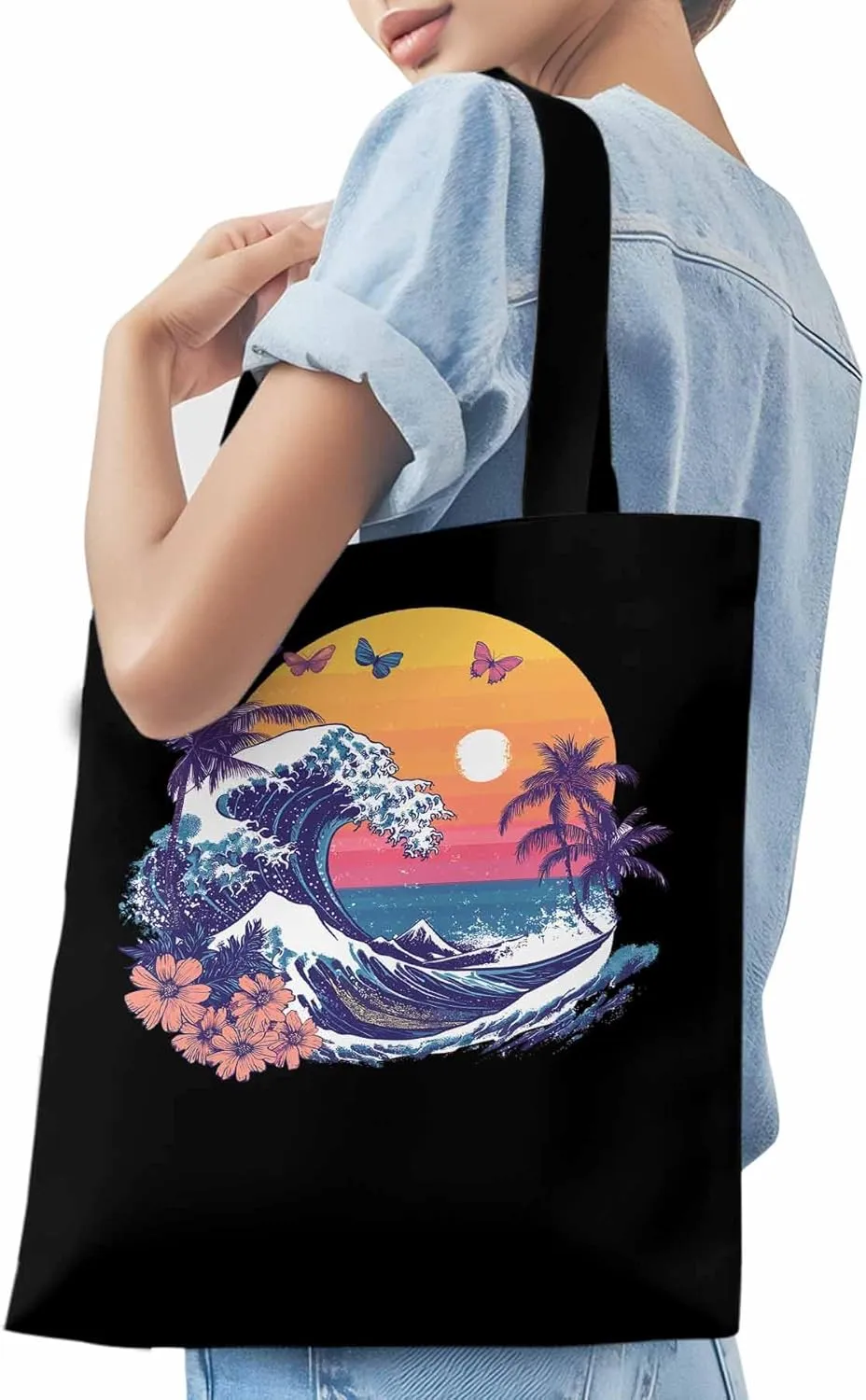 Canvas Tote Bag, Ocean Waves Palm Trees Rainbow Butterfly Aesthetic Canvas Tote Handbags for Women Shoulder Bag